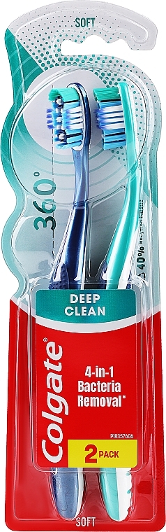 Зубна щітка "Суперчистота всієї ротової порожнини" з очищувачем для язика та щік багатофункціональна 1+1, синя та зелена - Colgate 360 — фото N1