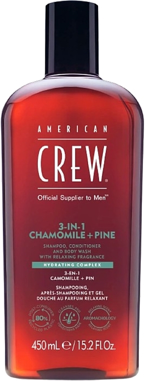 Засіб 3 в 1 для догляду за волоссям і тілом - American Crew Official Supplier To Men 3 In 1 Chamomile + Pine Shampoo Conditioner And Body Wash — фото N2