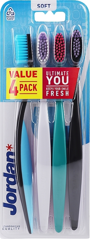 Зубная щетка мягкая, 4 шт., черно-голубая + серая + зеленая + черная - Jordan Ultimate You Soft Toothbrush — фото N1