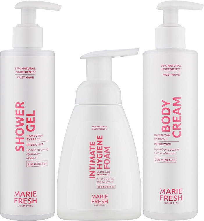 Подарунковий набір "Gentle Body Care" в рожевому пакеті - Marie Fresh Cosmetics Gift Set (sh/gel/250ml + b/cr/250ml + foam/250ml) — фото N4