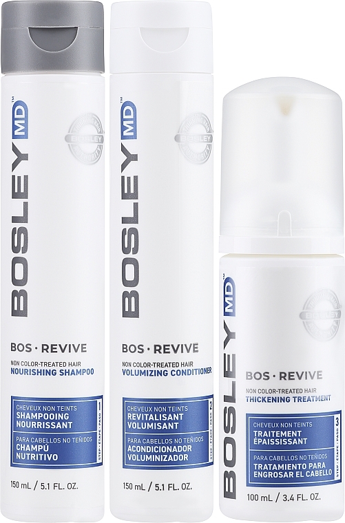 Набір для відновлення стоншеного нефарбованого волосся - Bosley Bos Revive Kit (shm/150ml + cond/150 + treatm/100ml) — фото N2