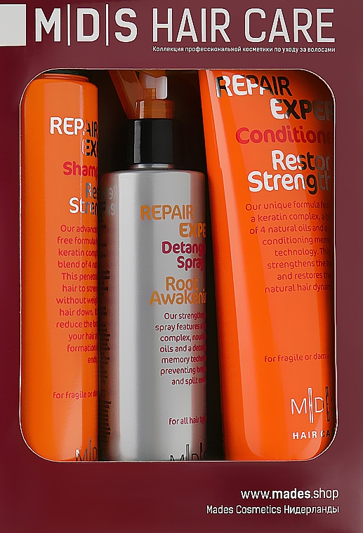 Набор «Восстановление прочности. Спасение волос» - Mades Cosmetics (sham/250ml + cond/250ml + spray/200ml)