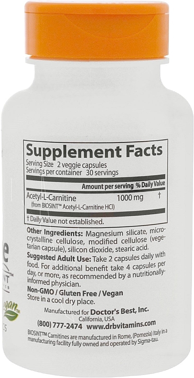 Аминокислота "Ацетил L-Карнитин", 500 мг - Doctor's Best Acetyl L-Carnitine — фото N3