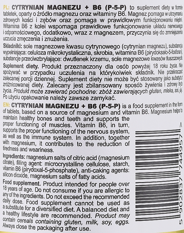 Пищевая добавка "Цитрат магния + B6" - SFD Nutrition Cytrynian Magnezu + B6 (P-5-P) — фото N3