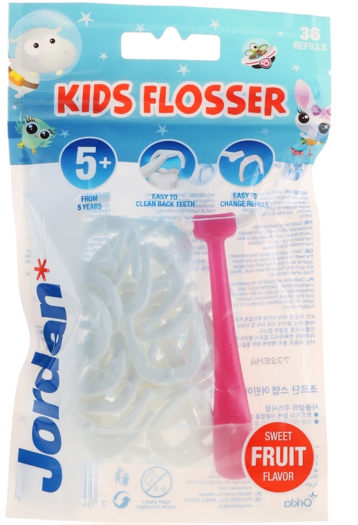 Набор - Jordan Kids Flosser (floss/1szt + refils/36szt), розовый — фото N1