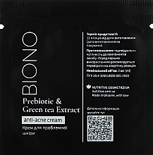 Крем анти-акне для обличчя з пребіотиками та екстрактом зеленого чаю - Biono Prebiotic And Green Tea Extract Anti-Acne Cream (пробник) — фото N1