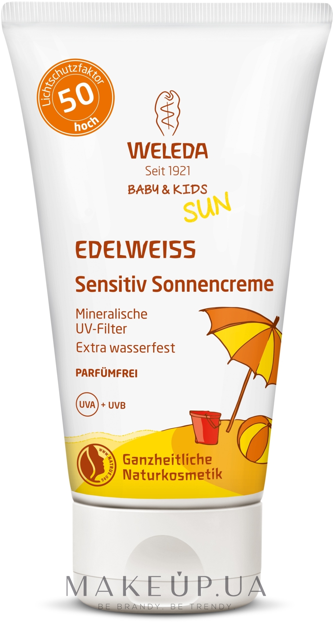 Солнцезащитный детский крем для чувствительной кожи - Weleda Edelweiss Baby&Kids Sun SPF 50 — фото 50ml