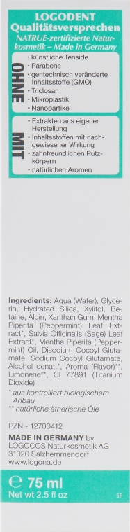 ВІО-паста зубна, відбілювальна  - Logona Logodent Naturweiss Peppermint Toothpaste — фото N3