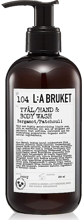 Рідке мило для рук і тіла "Бергамот і пачулі" - L:A Bruket No. 104 Hand & Body Wash Bergamot/ Patchouli — фото N1