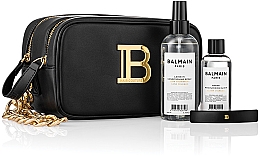 Набор - Balmain Paris Hair Couture Signature Black & Gold Pouch Gift Set (h/cond/200ml + h/elixir/100ml + h/clip/1pcs + bag/1pcs) — фото N1