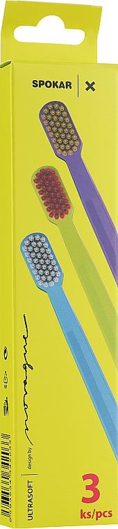 Набор зубних щіток "X", ультрам'які, фіолетово-жовта + салатово-рожева + синьо-біла - Spokar X — фото N1