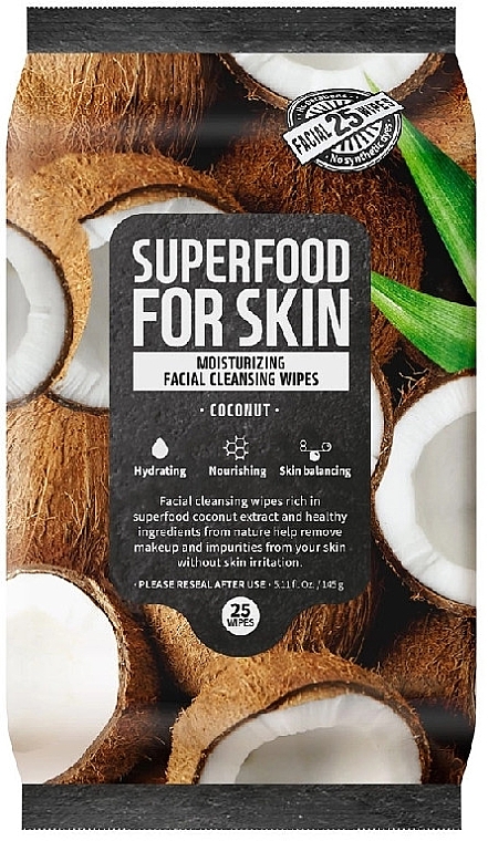 Очищающие салфетки для лица "Кокос" - Superfood For Skin Moisturizing Facial Cleansing Wipes Coconut — фото N1
