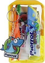 Набір дитячий "Акула", помаранчева щітка + жовто-бузкова акула + жовтий чохол - Pierrot Kids Sharky Dental Kit (tbrsh/1шт. + tgel/25ml + press/1шт.) — фото N1