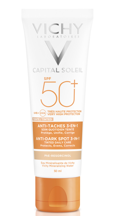 Солнцезащитный крем для кожи лица 3-в-1 с тонирующим эффектом против пигментных пятен, SPF50+ - Vichy Capital Soleil Anti-Taches Anti-Dark Spots SPF50+