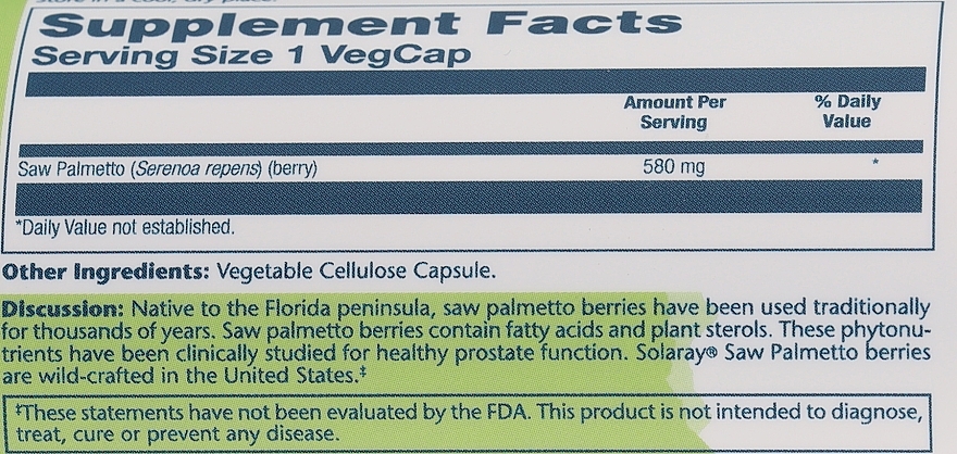 Харчова добавка "Ягода пальметто", 580mg - Solaray Saw Palmetto Berry — фото N3