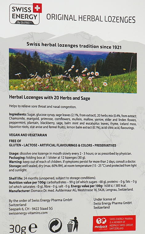 Леденцы "Шалфей" на основе натуральных трав - Swiss Energy Original Herbal Lozenges — фото N3