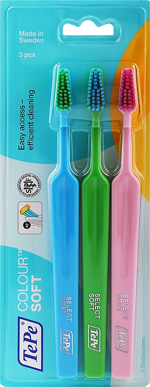 Набір зубних щіток, 3 шт., синьо-зелена + зелено-блакитна + рожева - TePe Colour Soft — фото N1