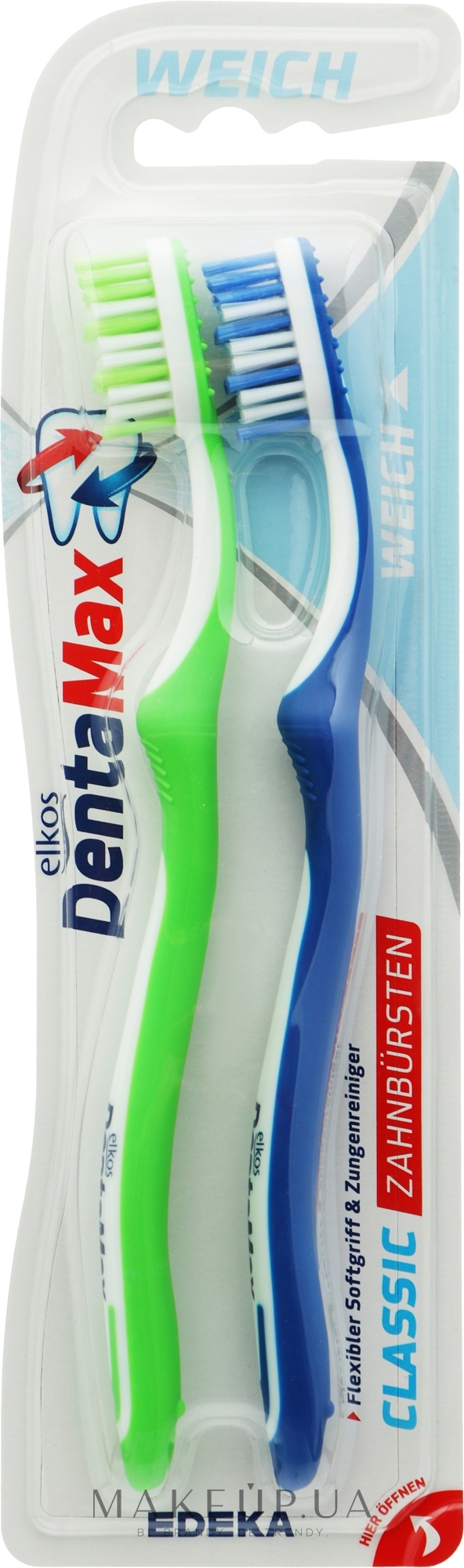 Зубна щітка м'яка, синя + салатова - Elkos Dental Classic — фото 2шт