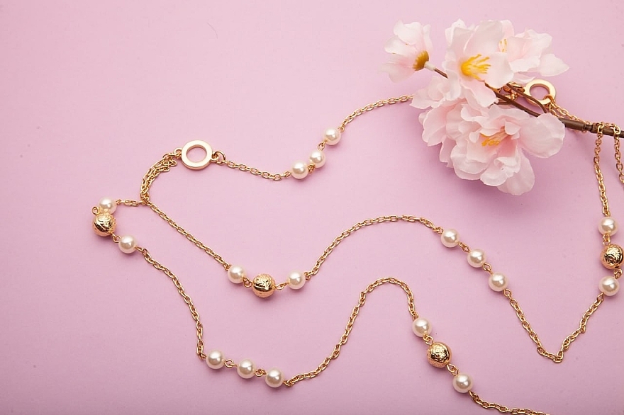 ПОДАРОК! Ожерелье из белого жемчуга с золотыми бусинами 46 см - Lambre — фото N3