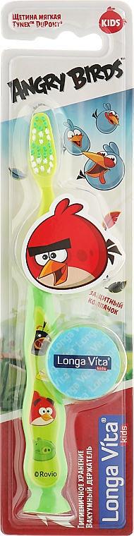 Зубная щетка "Angry Birds" с колпачком, зеленая - Longa Vita — фото N1