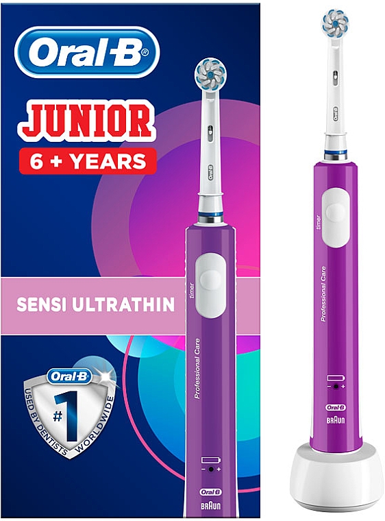 Электрическая зубная щетка детская, от 6 лет, фиолетовая - Oral-B Junior Sensi Ultrathin Purple — фото N1