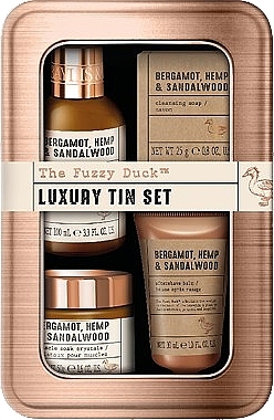 Набор - Baylis & Harding The Fuzzy Duck Bergamot Hemp & Sandalwood Men's Luxury Grooming Tin Gift Set (hair/body/wash/100ml + crystals/50g + ash/balm/30ml + soap/25g) — фото N1