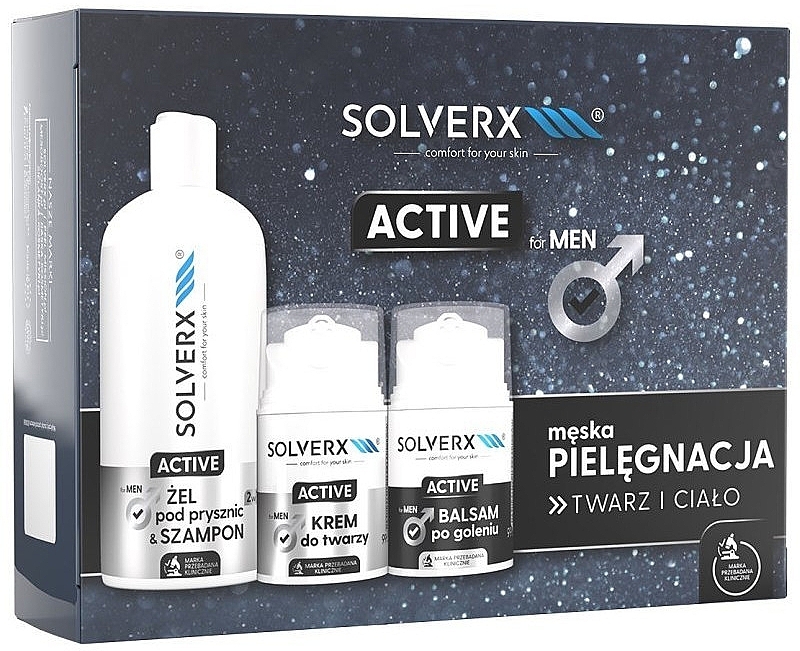 Набір - Solverx Men Active (ash/balm/50 ml + f/cr/50 ml + sh/gel/400 ml) — фото N1