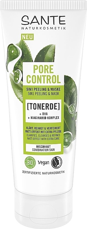 Биосредство для очищения комбинированной кожи лица 5 в 1 с BHA-кислотой - Sante Pore Control Peeling & Mask — фото N1