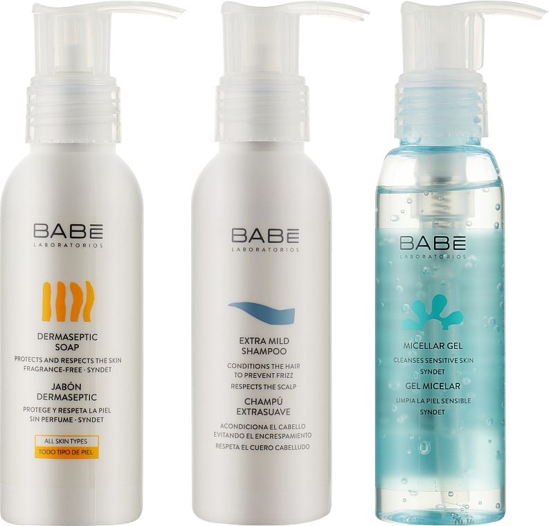 Набор для лица и тела "Очищение" - Babe Laboratorios (micel/gel/90ml + soap/100ml + shm/100ml + bag/1pc) — фото N1