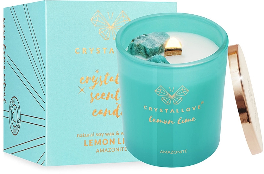 Соєва свічка з амазонітом, лимоном і лаймом - Crystallove Soy Candle with Amazonite Lemon Lime — фото N1