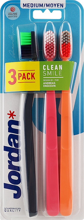 Зубна щітка, середня, чорна + коралова + помаранчева - Jordan Clean Smile Medium — фото N1