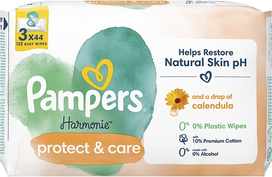 Дитячі вологі серветки з календулою, 132 шт. - Pampers Harmonie Protect&Care Baby Wipes — фото N2