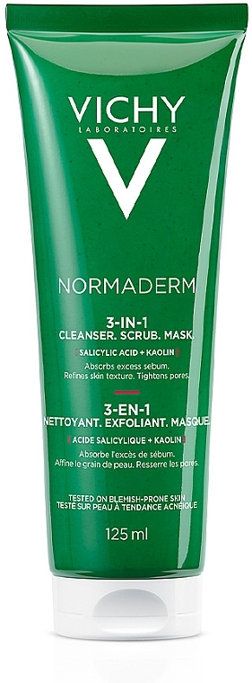 Засіб 3-в-1 для очищення проблемної шкіри обличчя: гель для вмивання + скраб + маска - Vichy Normaderm 3-in-1 Scrub + Cleanser + Mask