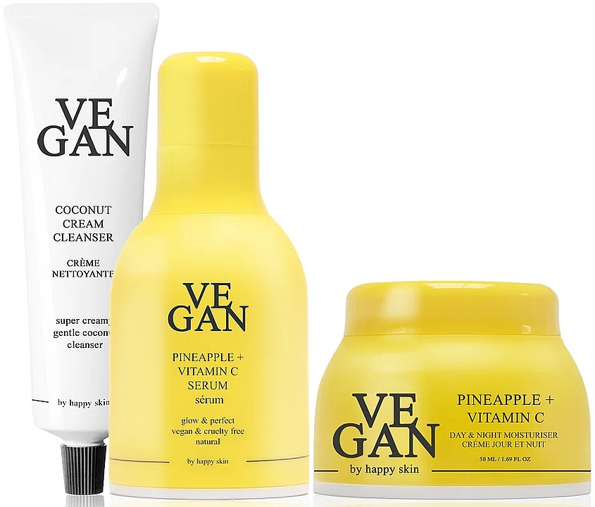 Набор - Vegan By Happy Skin Pineapple + Coconut Skincare Edit (f/ser/30ml + cream/clean/150ml + f/ser/50ml) — фото N1