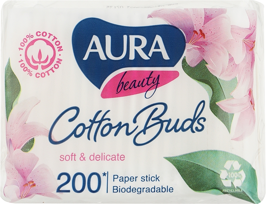Ватные палочки в полиэтиленовом пакете, 200шт - Aura Beauty Cotton Buds — фото N1