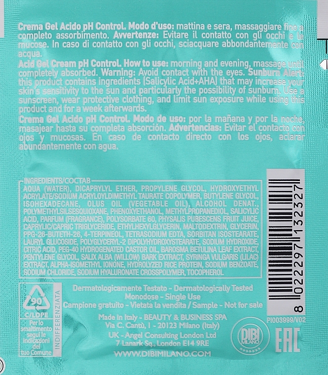 ПОДАРОК! Кислый крем-гель pH-контроль - DIBI Milano Pure Equalizer Acid Gel Cream pH Control (пробник) — фото N2