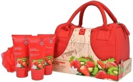 Парфумерія, косметика Набір - Grace Cole Fruit Works Strawberry Bliss (sh/gel/100ml + b/lot/100ml + bath/foam/100ml + sponge + bag)