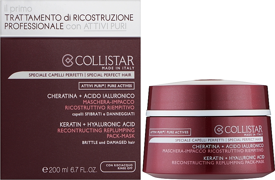 Восстанавливающая маска для волос - Collistar Pure Actives Keratin + Hyaluronic Acid Reconstructive Replumping Mask — фото N2