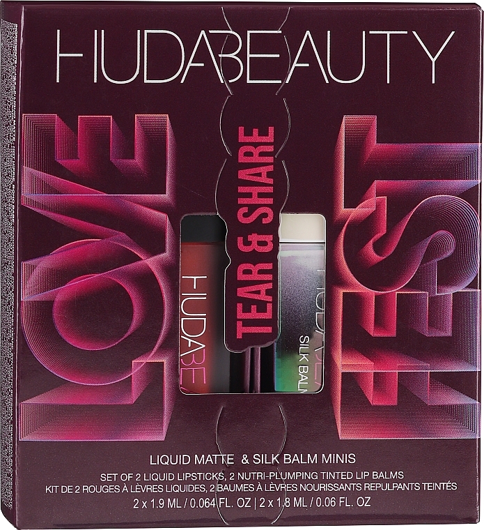 Набор - Huda Beauty Lovefest Tear And Share Lip Quad (lip/2x1.9ml + lip/balm/2x1.8ml) — фото N1