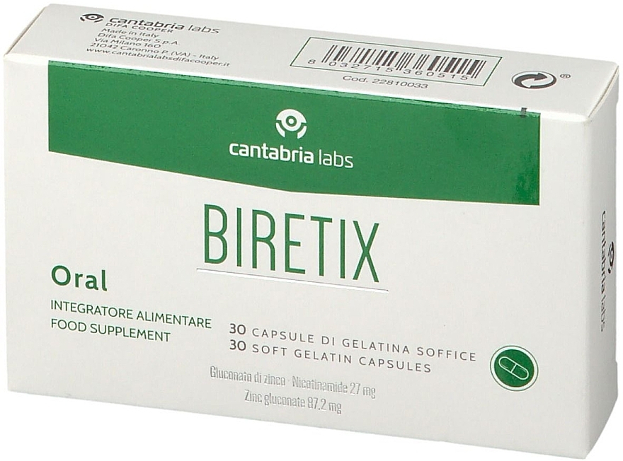 Пищевая добавка в таблетках - Cantabria Labs Biretix Oral Food Supplement — фото N1