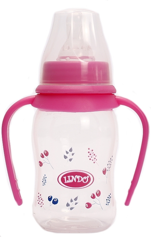 Пляшечка для годування вигнута з ручками та силіконовою соскою, 125 мл, рожева - Lindo Li146 — фото N1