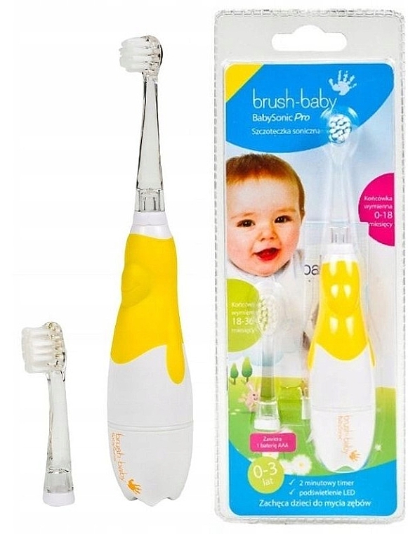 Электрическая зубная щетка, 0-3 лет, желтая - Brush-Baby BabySonic Pro Electric Toothbrush — фото N2
