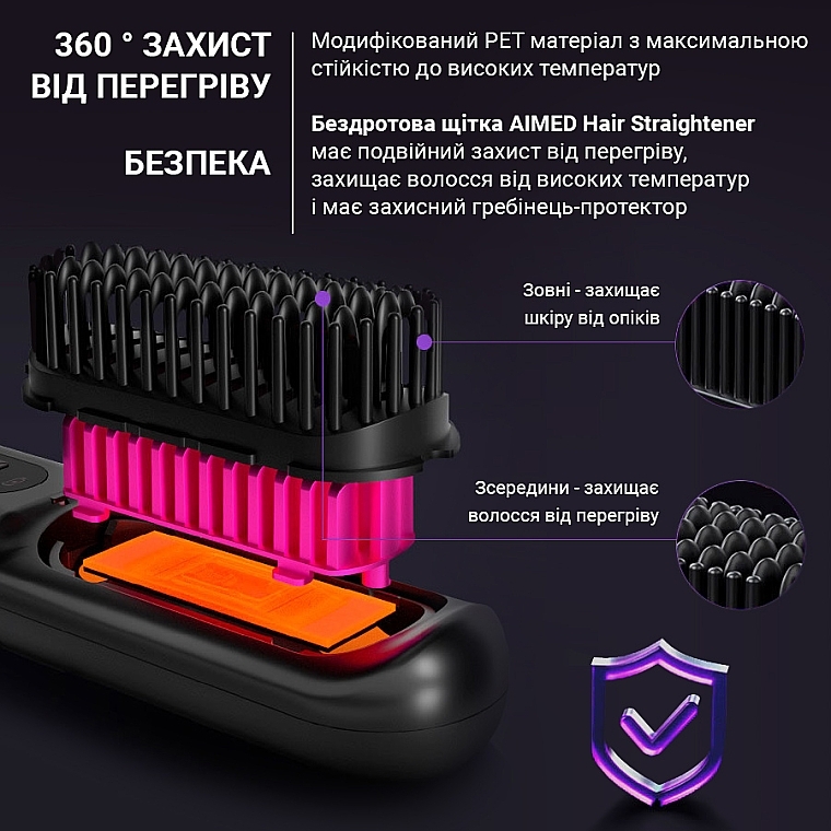 Бездротова щітка-вирівнювач для волосся, чорна - Aimed Hair Straightener Brush Wireless — фото N3