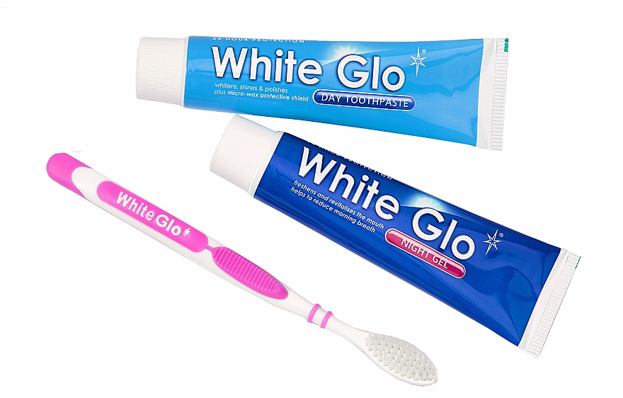 Набір із бузковою зубною щіткою - White Glo Night & Day Toothpaste (t/paste/65ml + t/gel/65ml + toothbrush) — фото N2