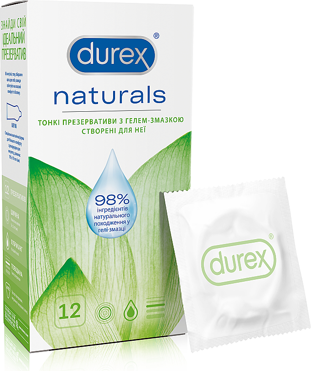 Презервативы латексные с гелем-смазкой, тонкие, 12 шт. - Durex Naturals 