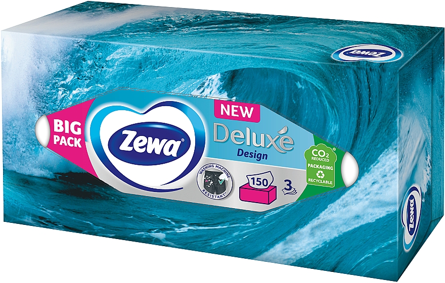 Салфетки косметические трехслойные, без запаха, 150 шт., темно-бирюзовая упаковка - Zewa Deluxe Design — фото N1