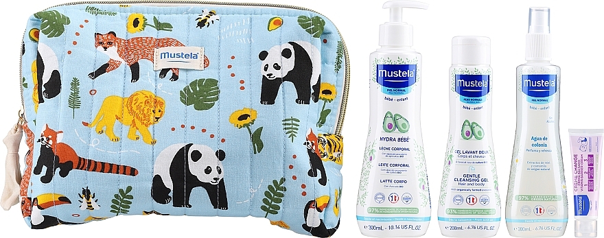 Набор - Mustela Jungle Baby Toilet Bag Set (cr/50ml + spray/200ml + b/lot/300ml + clean/gel/200ml + bag) — фото N2