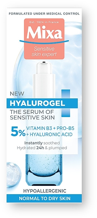 Увлажняющая сыворотка для чувствительной кожи лица с гиалуроновой кислотой и витамином В3 - Mixa Hyalorugel — фото N2