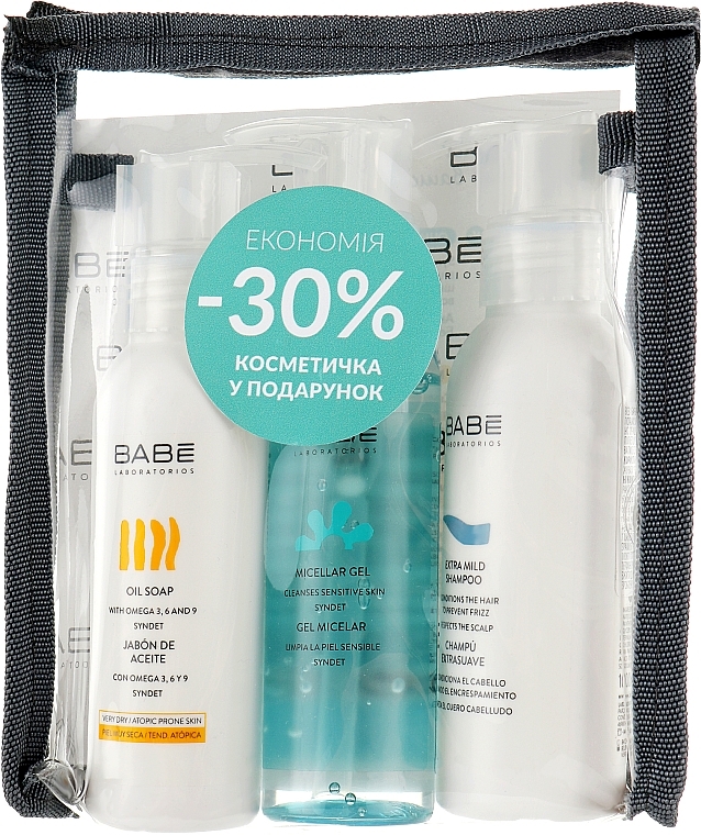 Набор для лица и тела "Очищение" - Babe Laboratorios (mic/gel/90ml + shmp/100ml + soap/100ml + bag) — фото N1