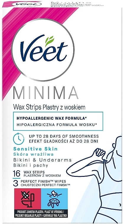 Восковые полоски для депиляции для чувствительной кожи линии бикини и зоны подмышек, гипоаллергенные, 16 шт. - Veet MINIMA Easy Gel Wax Strip — фото N1